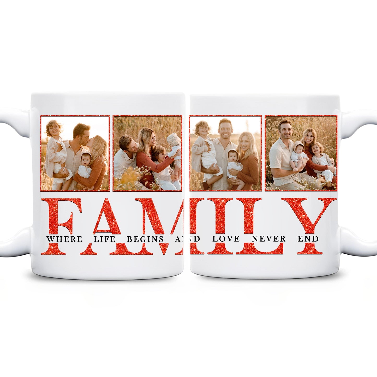 Custom Photo Family Where Life Begins and Love Never Ends - Personalized Family Photo Mug