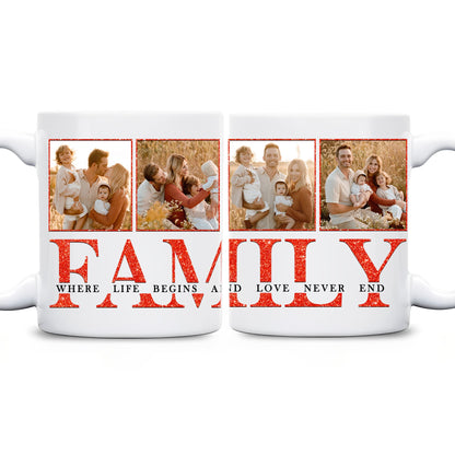 Custom Photo Family Where Life Begins and Love Never Ends - Personalized Family Photo Mug