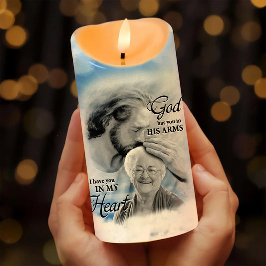 Custom Photo God Has You In His Arms I Have You In My Heart - Personalized Memorial Led Candle