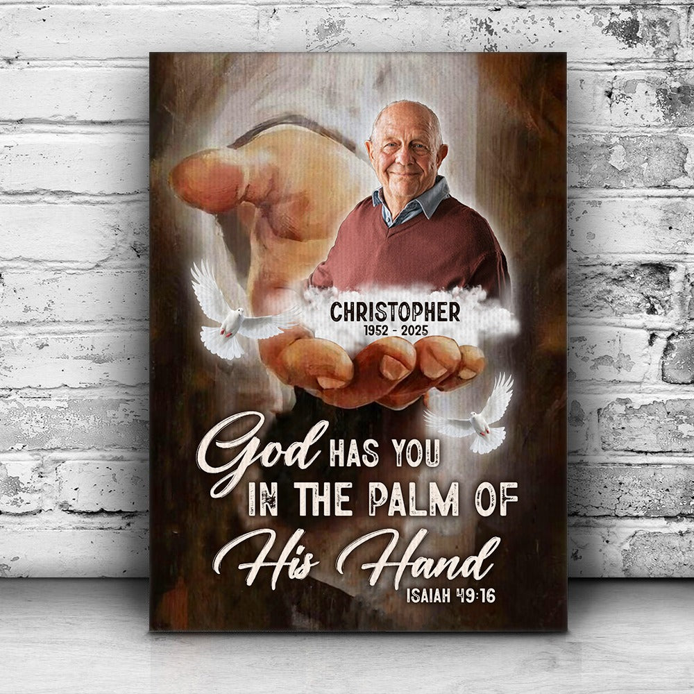Custom Photo God Has You In The Palm Of His Hand - Personalized Memorial Gift Poster Canvas