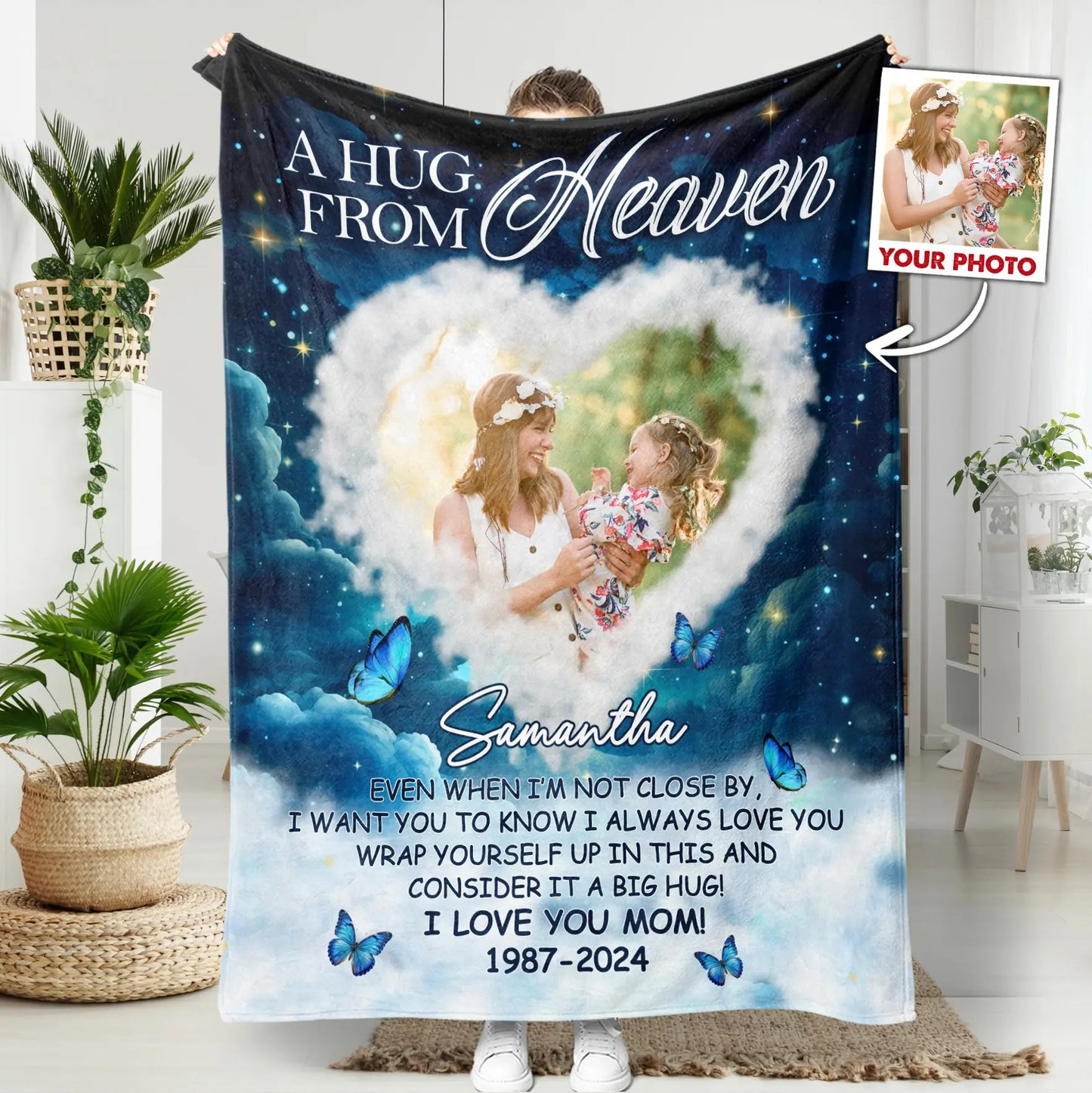 Custom Photo Memorial Blanket, A Hug From Heaven - Personalized Memorial Blanket