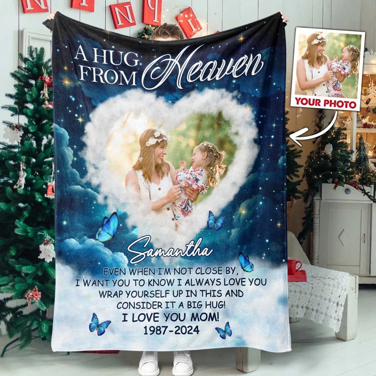 Custom Photo Memorial Blanket, A Hug From Heaven - Personalized Memorial Blanket