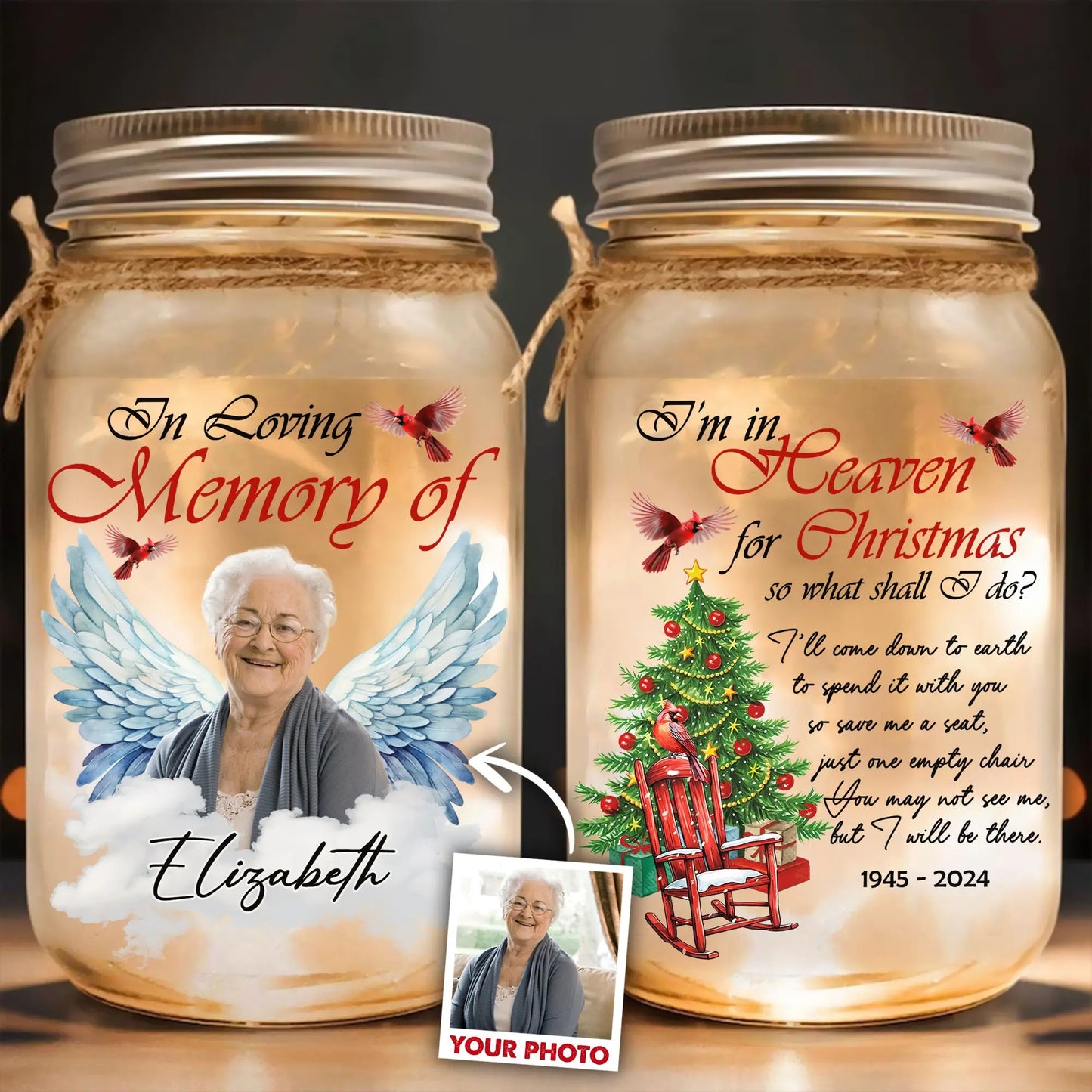 Custom Photo Memorial I'm In Heaven For Christmas - Personalized Memorial Mason Jar Light