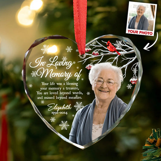 Custom Photo Memorial, Your Life Was A Blessing - Personalized Memorial Heart Glass Ornament