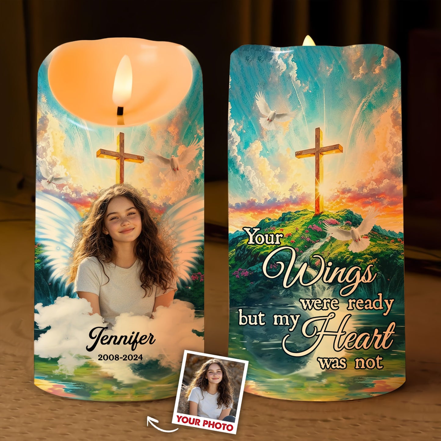 Custom Photo Memorial, Your Wings Were Ready But My Heart Was Not - Personalized Memorial Led Candle