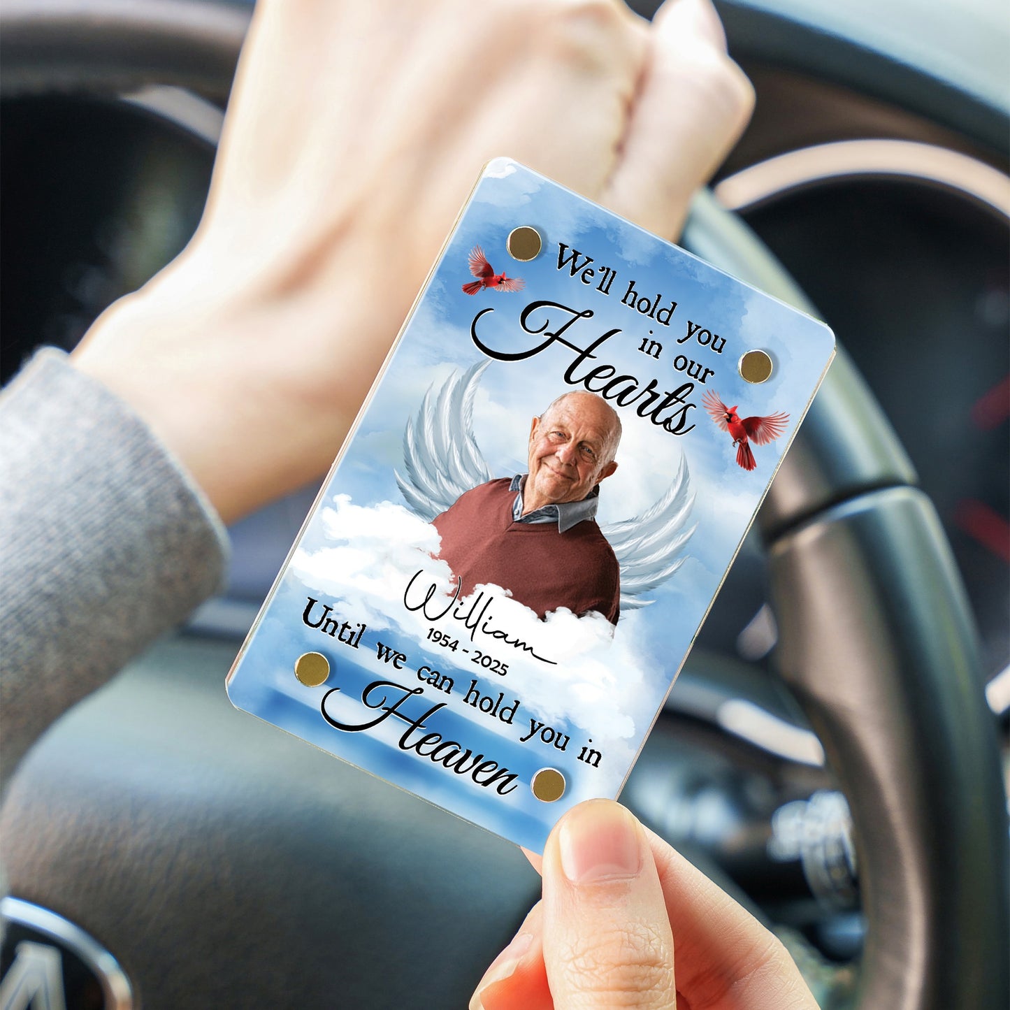 Custom Photo We'll Hold You In Our Hearts - Personalized Memorial Acrylic Photo Car Visor Clip