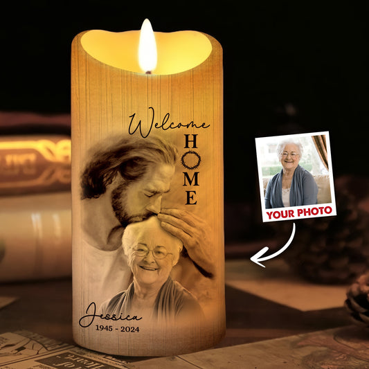 Custom Photo Welcome Home - Safe In Arms Of Jesus - Sympathy Gift Loss Loved One - Personalized Led Candle