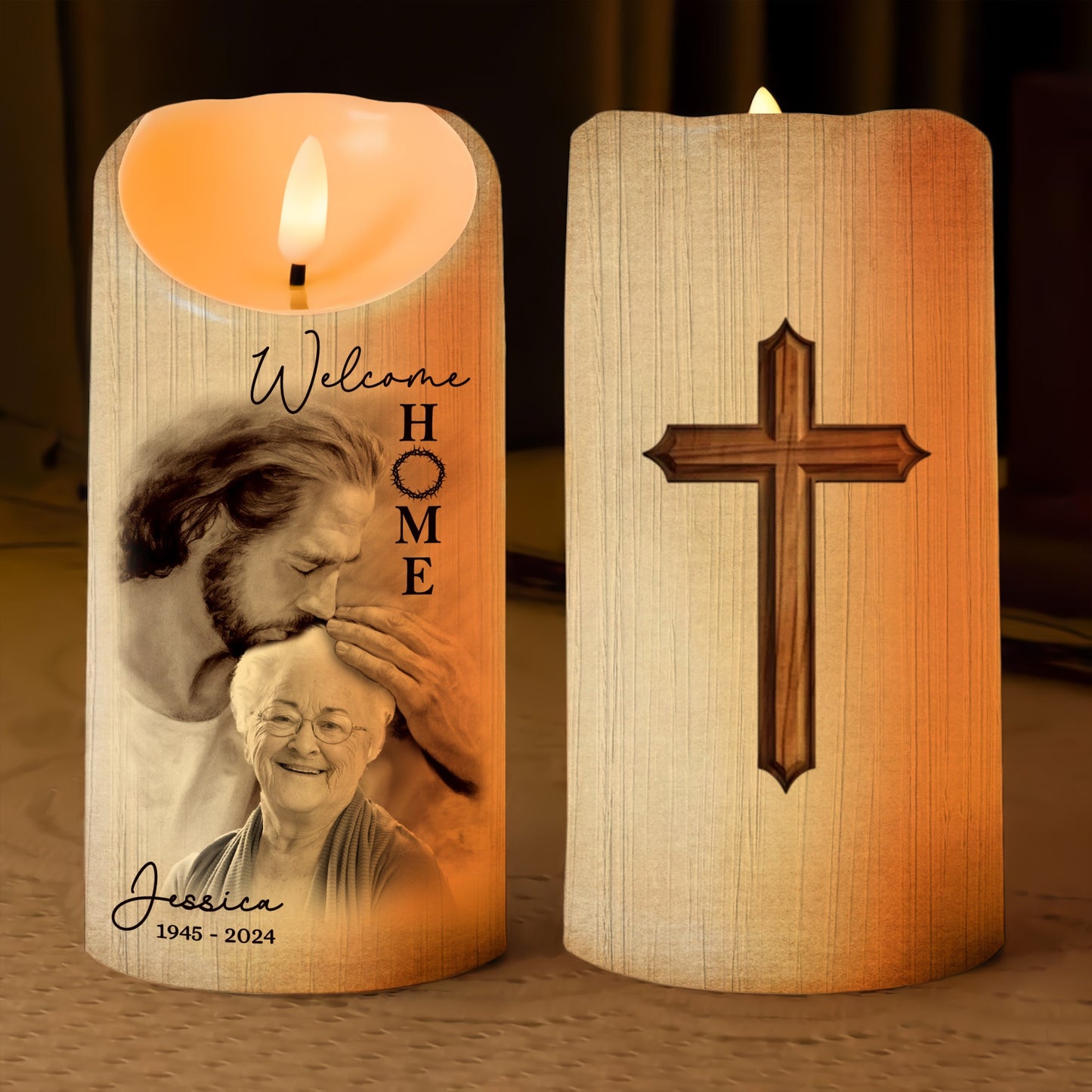 Custom Photo Welcome Home - Safe In Arms Of Jesus - Sympathy Gift Loss Loved One - Personalized Led Candle