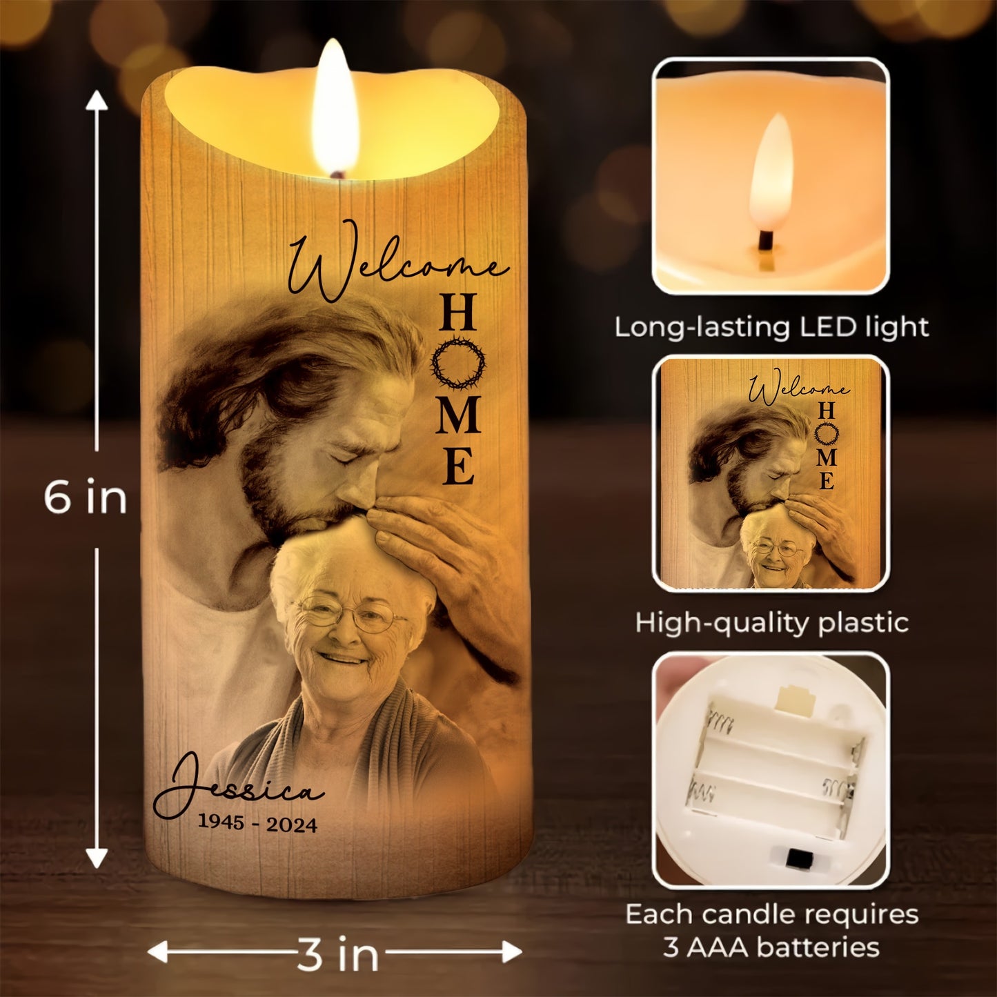 Custom Photo Welcome Home - Safe In Arms Of Jesus - Sympathy Gift Loss Loved One - Personalized Led Candle