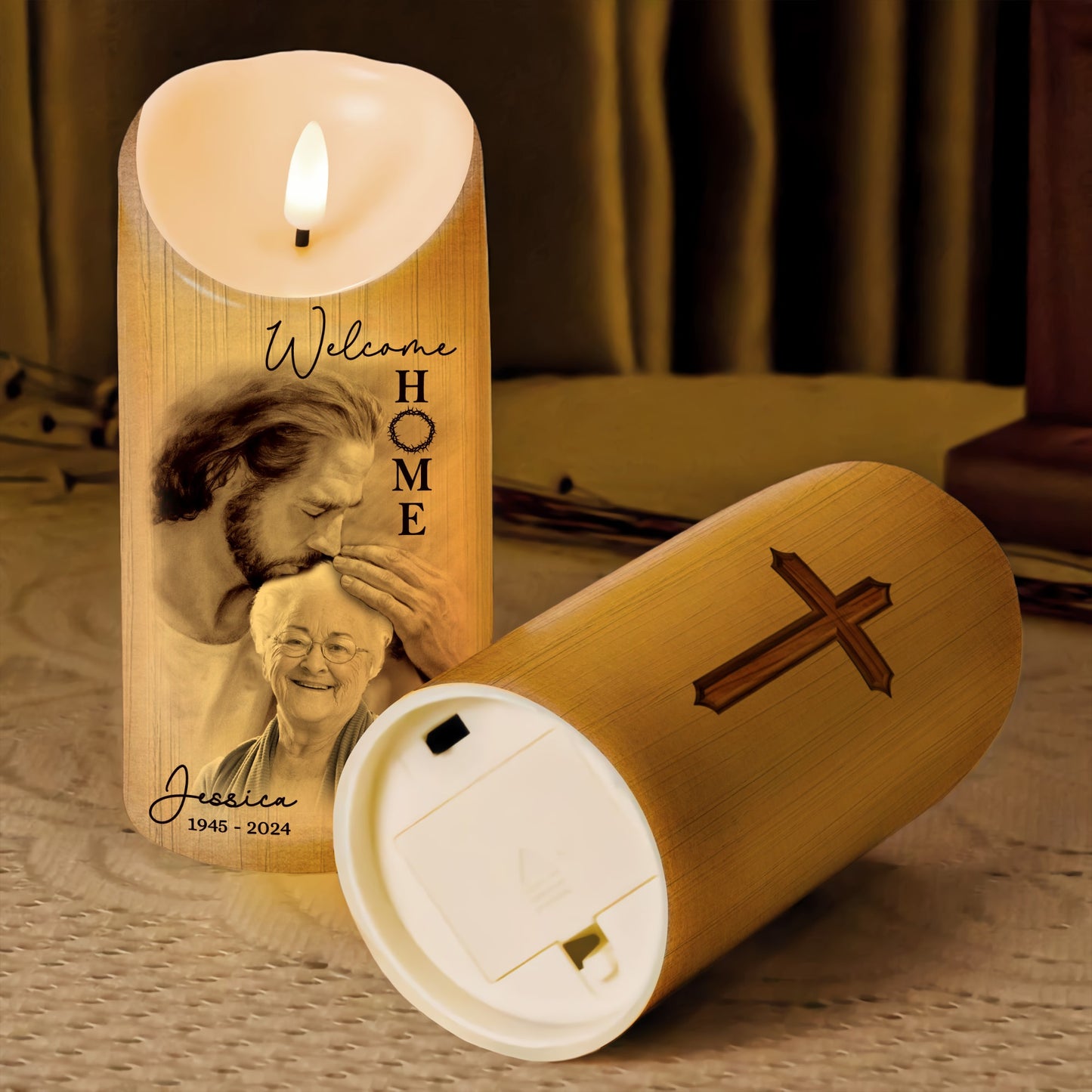 Custom Photo Welcome Home - Safe In Arms Of Jesus - Sympathy Gift Loss Loved One - Personalized Led Candle