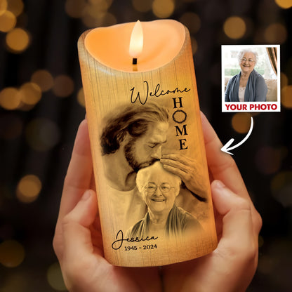 Custom Photo Welcome Home - Safe In Arms Of Jesus - Sympathy Gift Loss Loved One - Personalized Led Candle