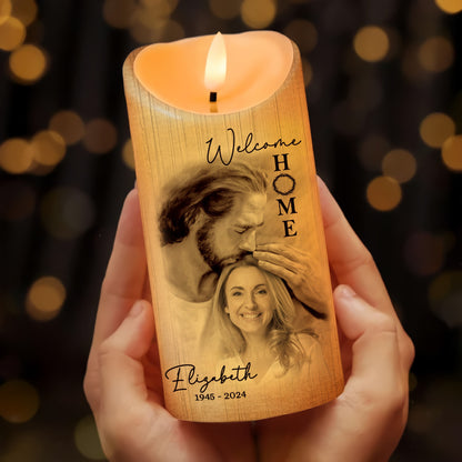 Custom Photo Welcome Home - Safe In Arms Of Jesus - Sympathy Gift Loss Loved One - Personalized Led Candle