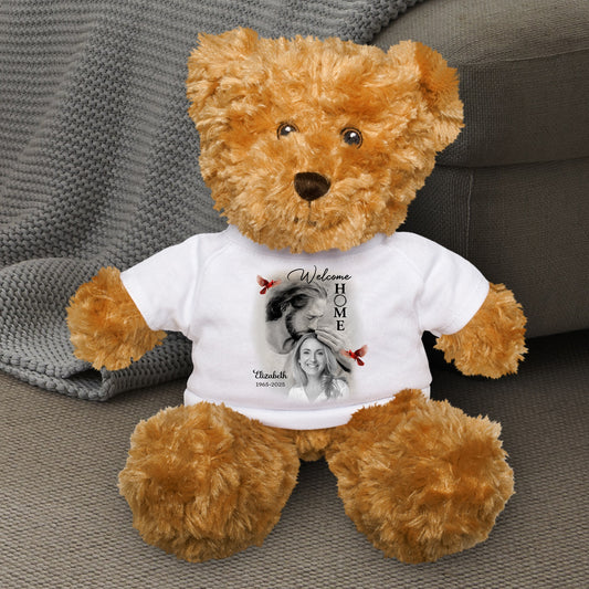 Custom Photo Welcome Home Safe In Arms Of Jesus - Memorial Teddy Bear With Personalized Shirt