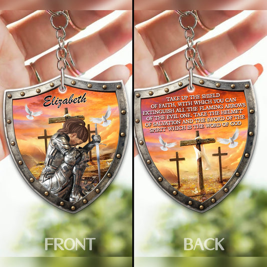 Custom Warrior Of God Take Up The Shield Of Faith - Personalized Christian Shield Acrylic Keychain