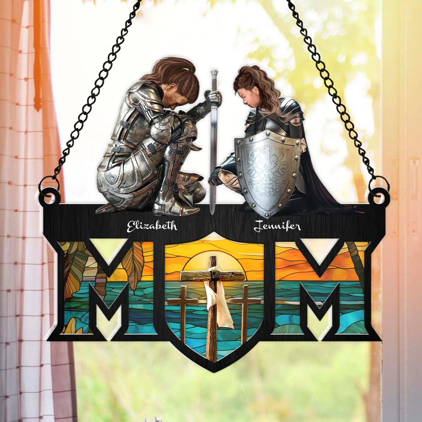 Custom Woman Warrior Of God - Gift For Mom - Personalized Mother and Daughter Hanging Suncatcher Ornament