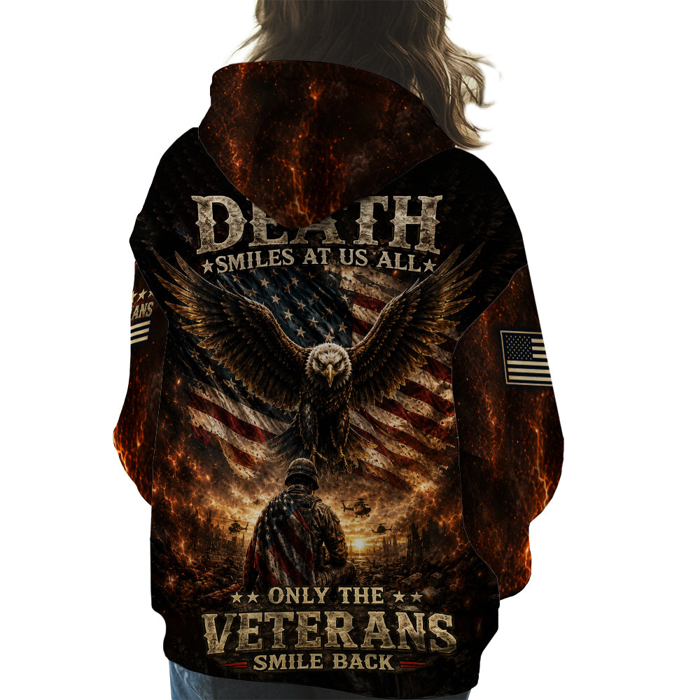 Death Smiles At Us All Only The Veterans Smile Back Eagle American Flag 3D All Over Print T-Shirt And Hoodie