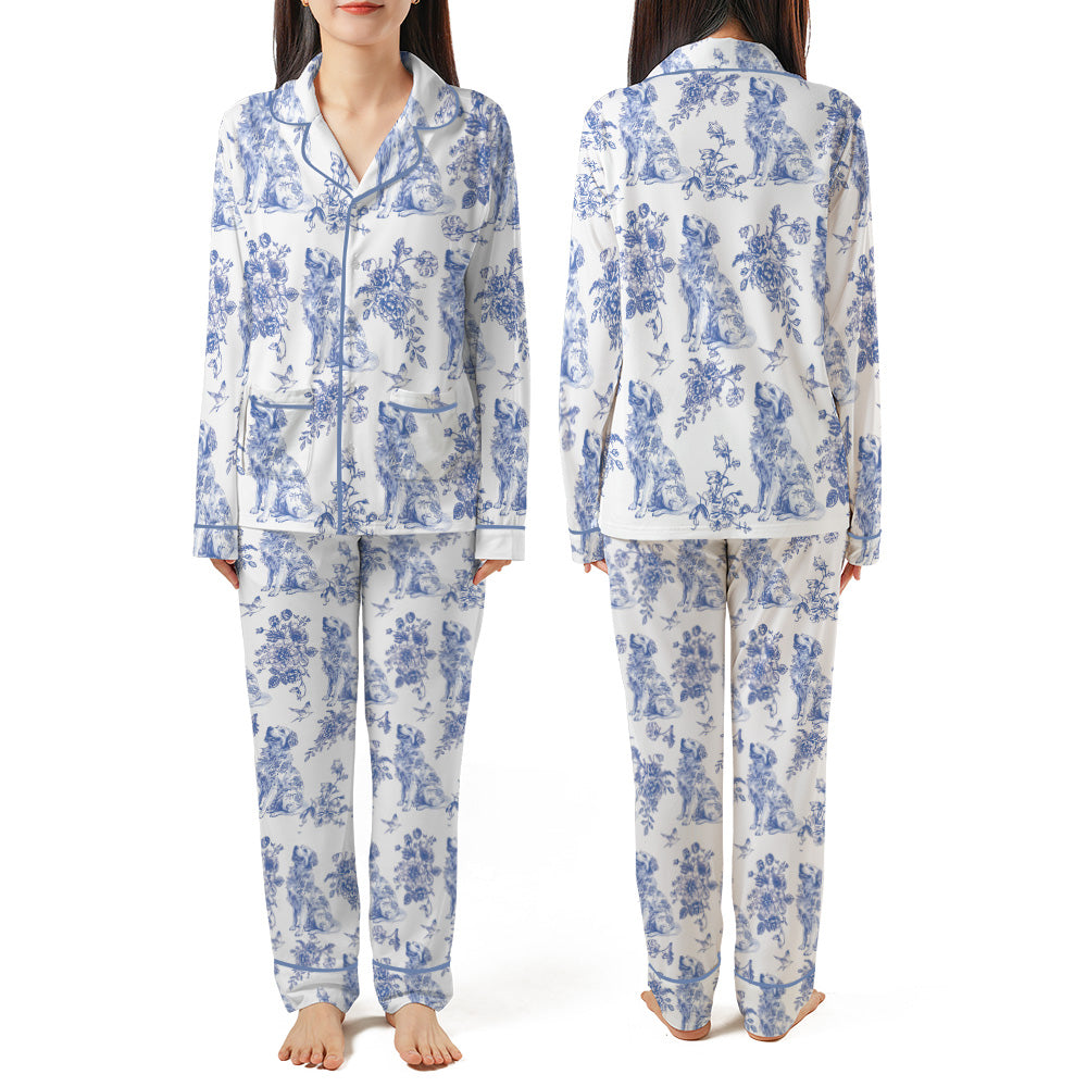 Dog Lover Toile de Jouy Floral French Style Piping Pajama Set with Double Pockets