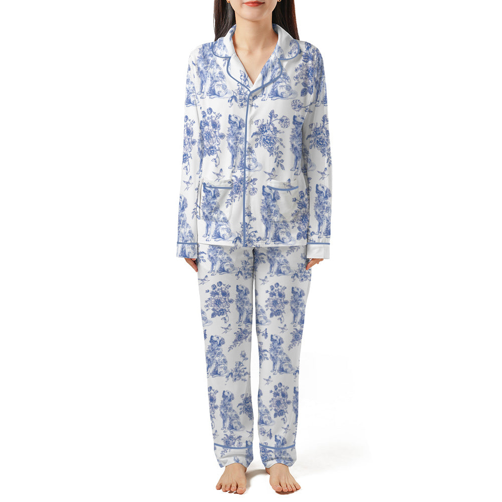 Dog Lover Toile de Jouy Floral French Style Piping Pajama Set with Double Pockets