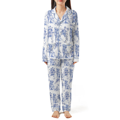 Dog Lover Toile de Jouy Floral French Style Piping Pajama Set with Double Pockets