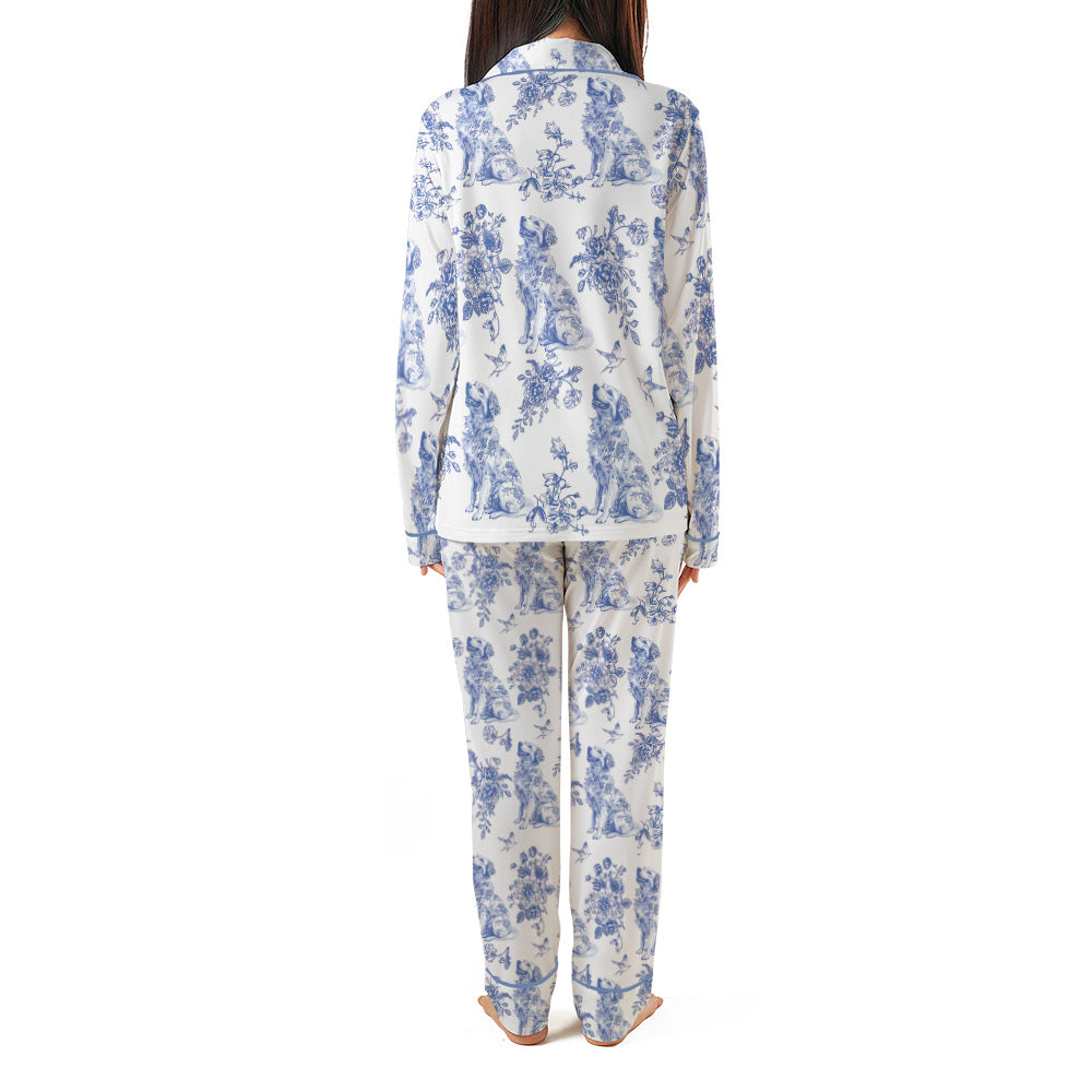 Dog Lover Toile de Jouy Floral French Style Piping Pajama Set with Double Pockets