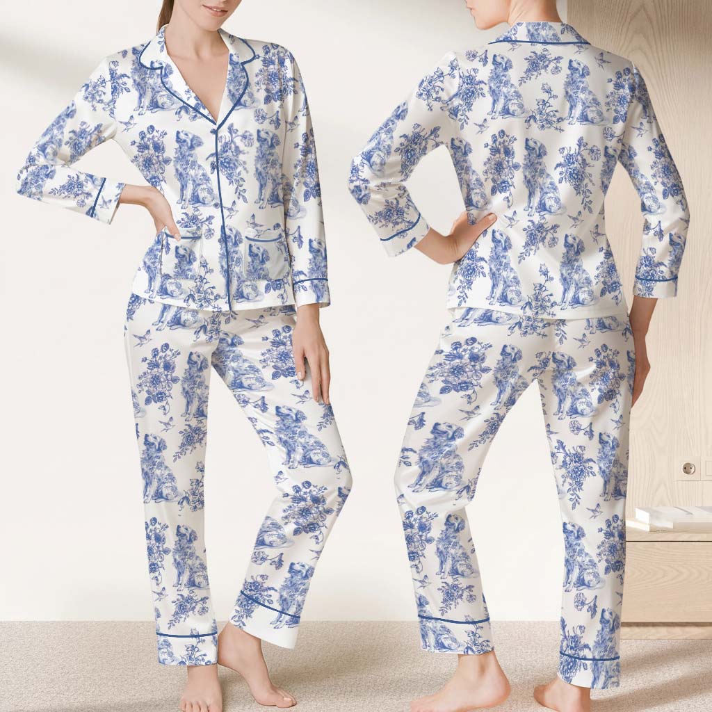 Dog Lover Toile de Jouy Floral French Style Piping Pajama Set with Double Pockets