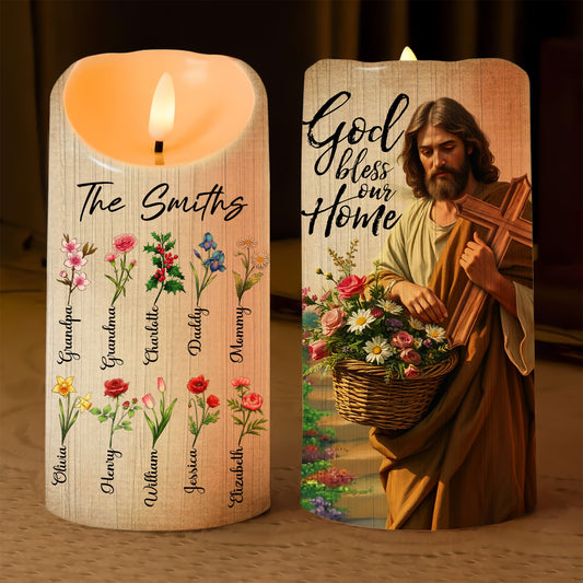 Family Birth Flower, Our Family Garden, God Bless Our Home - Personalized Family Gift Led Candle