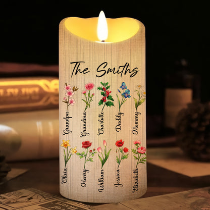 Family Birth Flower, Our Family Garden, God Bless Our Home - Personalized Family Gift Led Candle