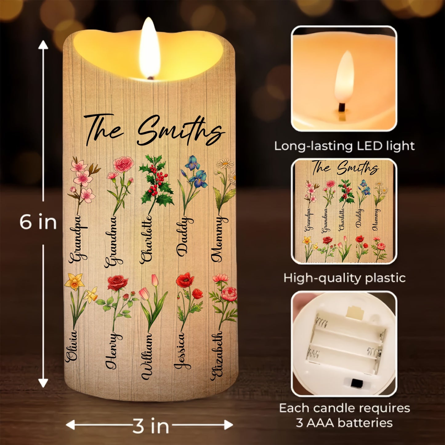 Family Birth Flower, Our Family Garden, God Bless Our Home - Personalized Family Gift Led Candle