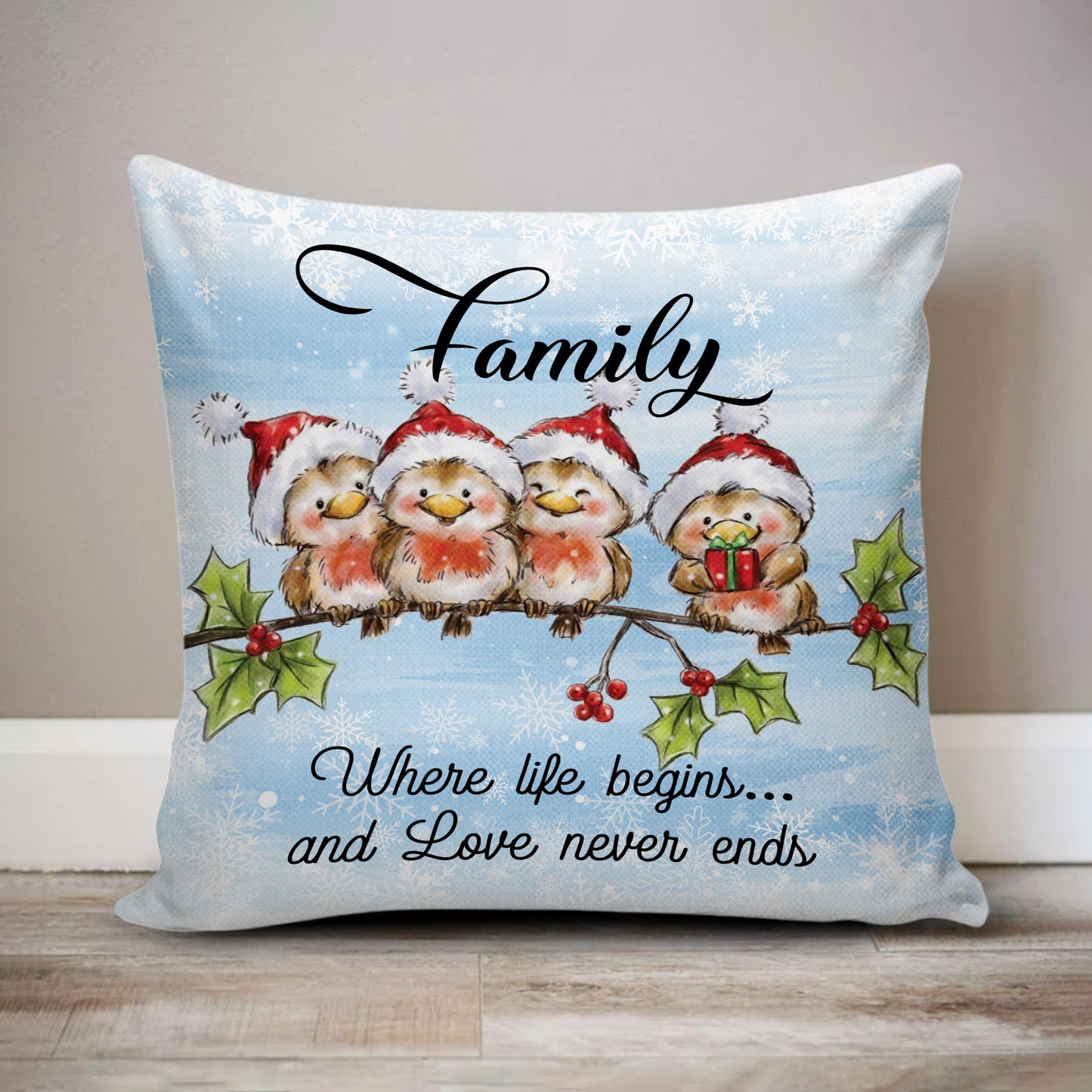 Family Where Life Begins And Love Never Ends, Family Birds Christmas Canvas Throw Pillow