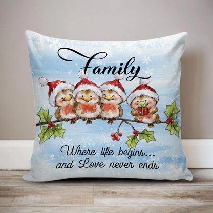 Family Where Life Begins And Love Never Ends, Family Birds Christmas Canvas Throw Pillow