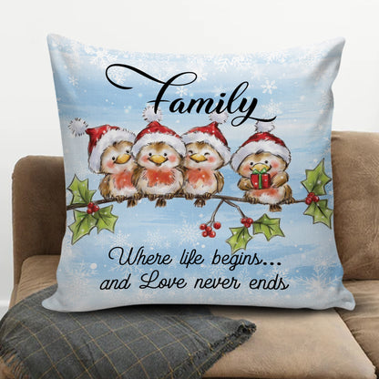 Family Where Life Begins And Love Never Ends, Family Birds Christmas Canvas Throw Pillow