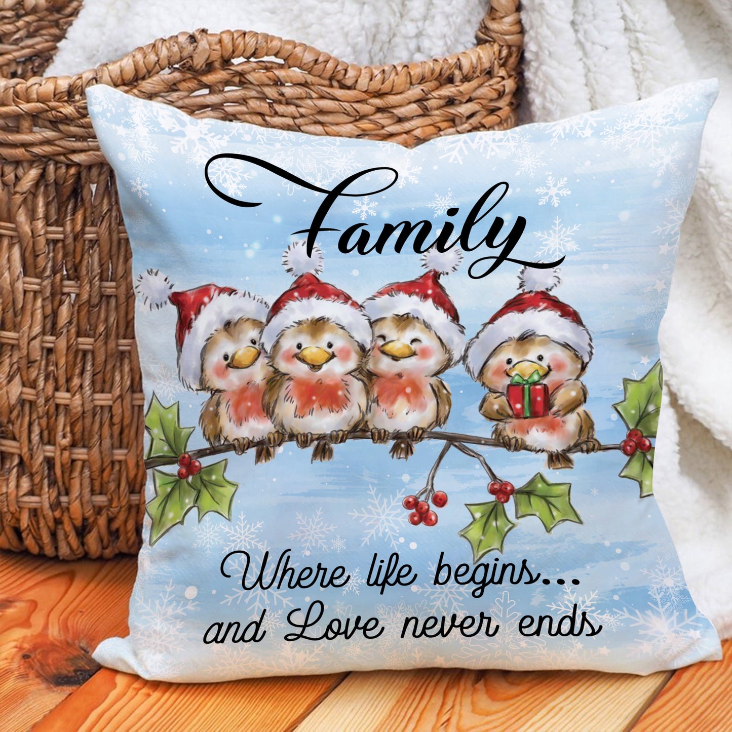 Family Where Life Begins And Love Never Ends, Family Birds Christmas Canvas Throw Pillow