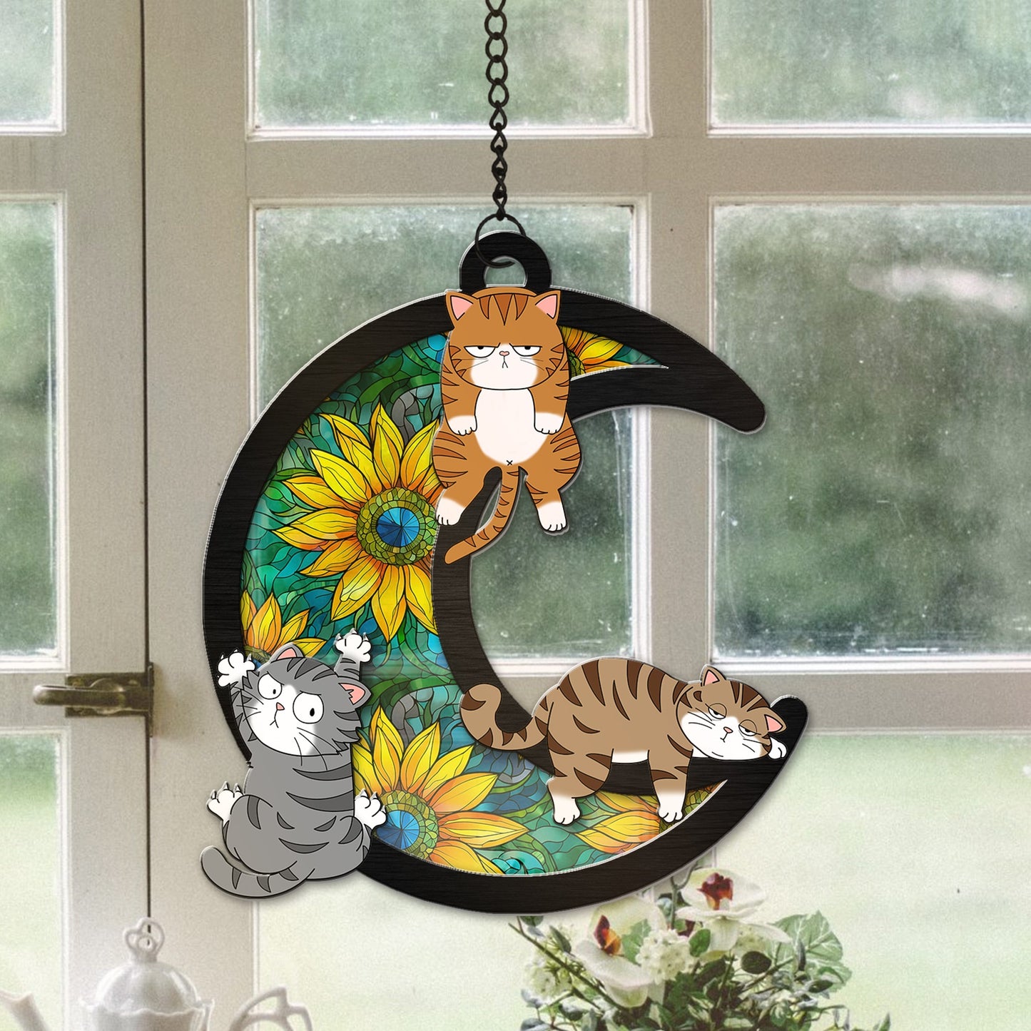 Funny Cat On The Moon Gifts For Cat Lovers Hanging Suncatcher Ornament