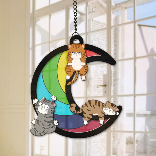 Funny Cat On The Moon Gifts For Cat Lovers Hanging Suncatcher Ornament