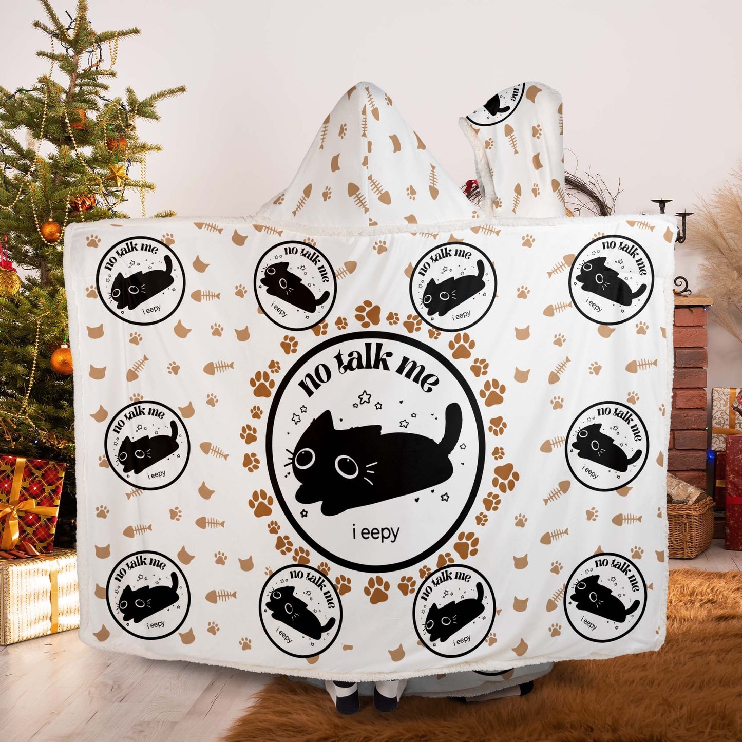 Funny Cat No Talk Me I Eepy Hooded Blanket, Cozy Meme Gift for Cat Lovers Hooded Blanket