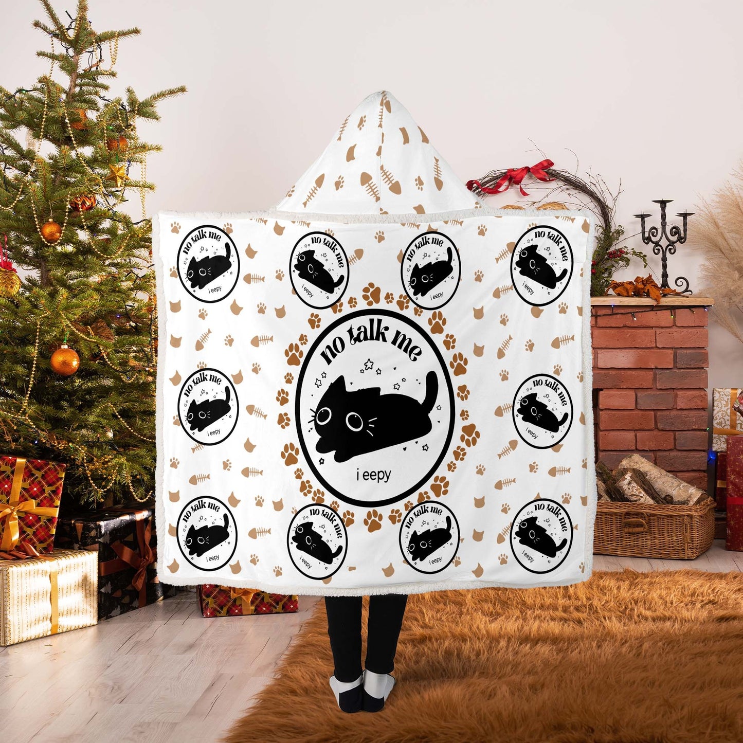 Funny Cat No Talk Me I Eepy Hooded Blanket, Cozy Meme Gift for Cat Lovers Hooded Blanket