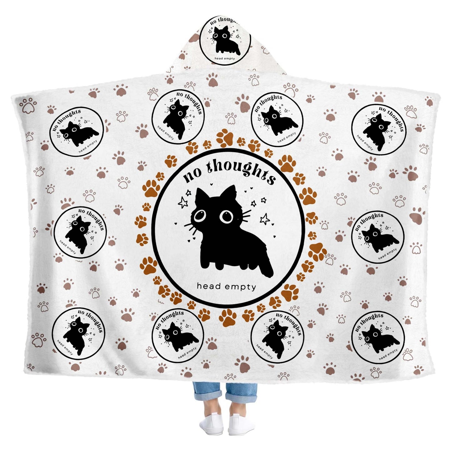 Funny Cat No Thoughts Head Empty Hooded Blanket, Cozy Meme Gift for Cat Lovers Hooded Blanket