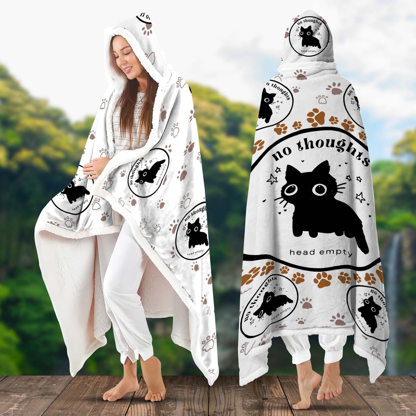 Funny Cat No Thoughts Head Empty Hooded Blanket, Cozy Meme Gift for Cat Lovers Hooded Blanket