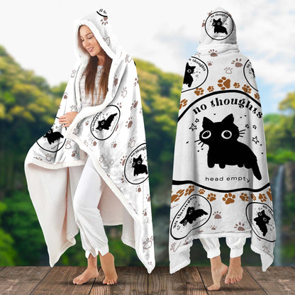 Funny Cat No Thoughts Head Empty Hooded Blanket, Cozy Meme Gift for Cat Lovers Hooded Blanket