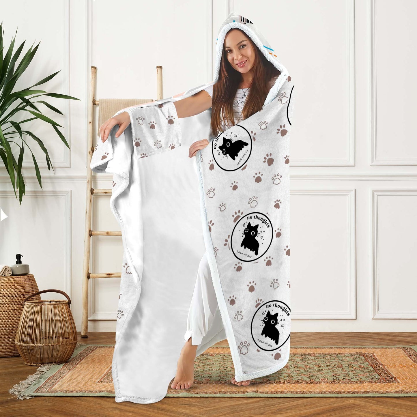 Funny Cat No Thoughts Head Empty Hooded Blanket, Cozy Meme Gift for Cat Lovers Hooded Blanket