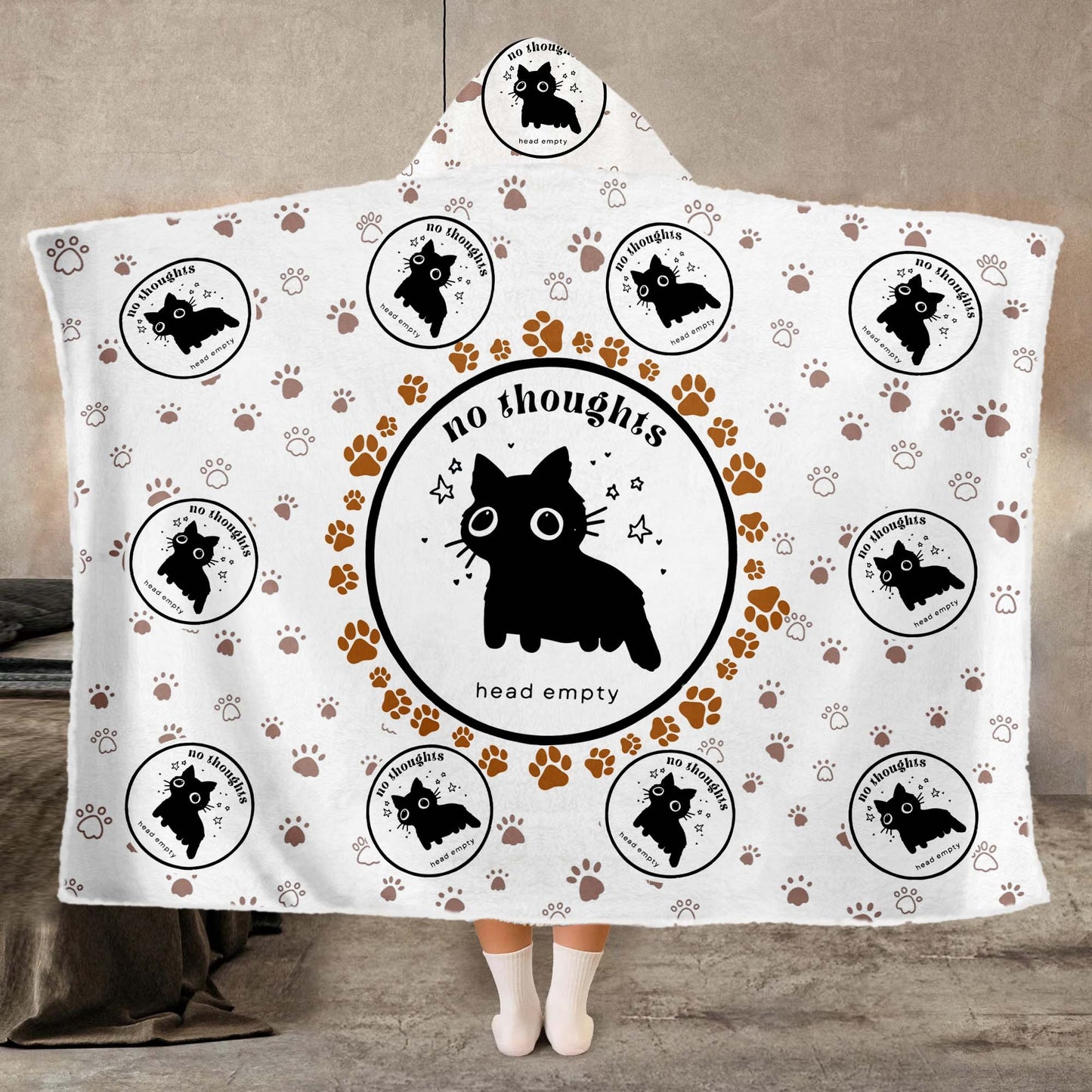 Funny Cat No Thoughts Head Empty Hooded Blanket, Cozy Meme Gift for Cat Lovers Hooded Blanket
