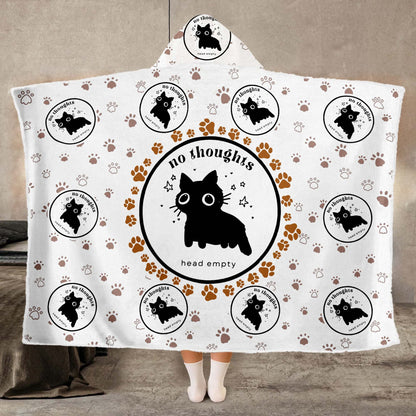 Funny Cat No Thoughts Head Empty Hooded Blanket, Cozy Meme Gift for Cat Lovers Hooded Blanket