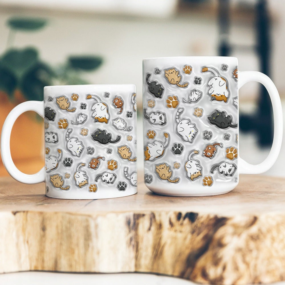 Funny Cats Life Patterns 3D Inflated Effect White Mug