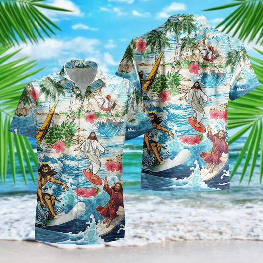 Funny Jesus Surfing On Island Summer Hawaiian Shirt