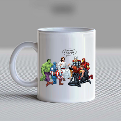 Jesus and Superheroes, Christian Faith Graphic, Vintage Savior White Mug