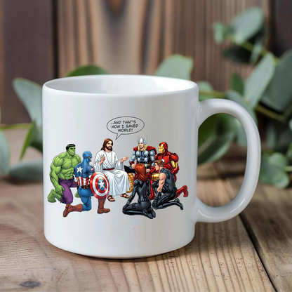 Jesus and Superheroes, Christian Faith Graphic, Vintage Savior White Mug