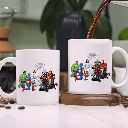Jesus and Superheroes, Christian Faith Graphic, Vintage Savior White Mug