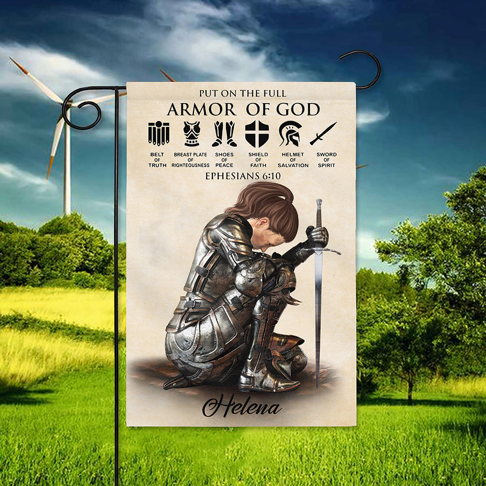 Personalized Woman Warrior of God Put On The Full Armor Of God Ephesians 6:10 Garden Flag and House Flag
