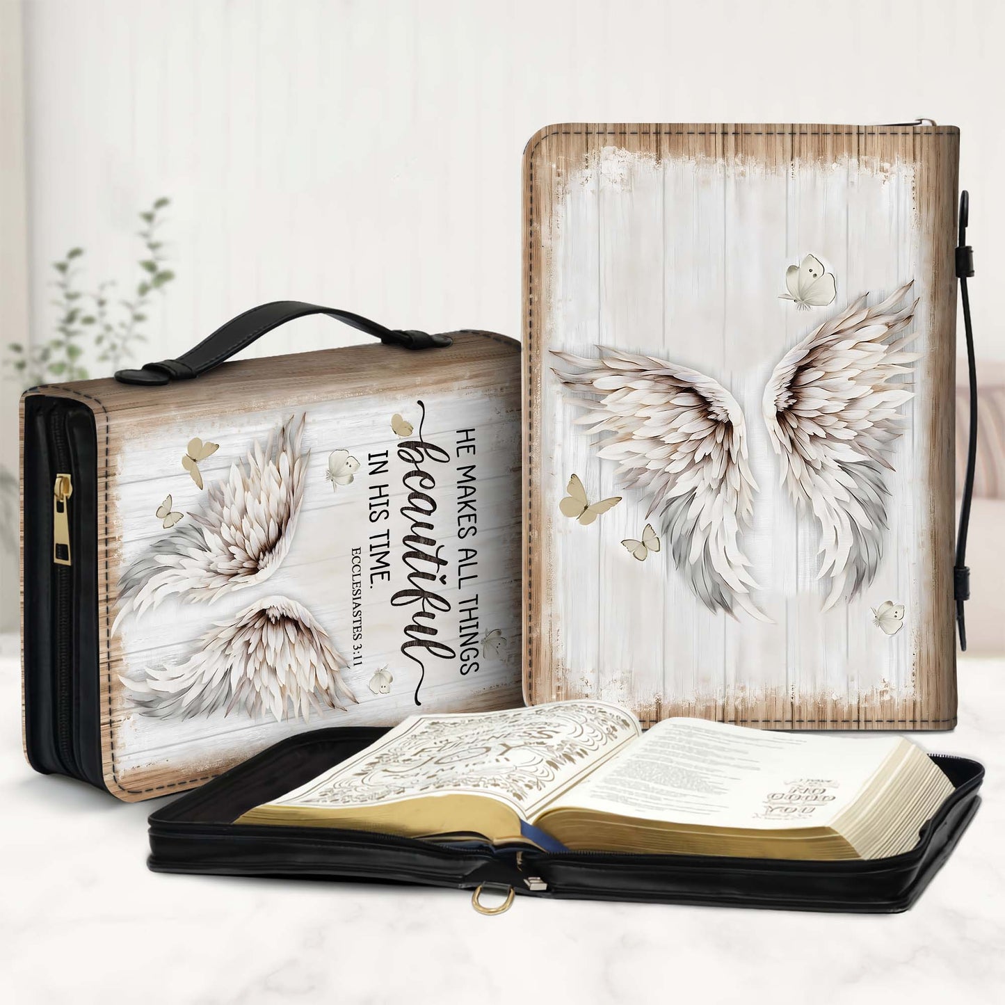 He Makes All Things Beautiful Ecclesiastes 3:11 Angel Wings Christian Leather Bible Cover