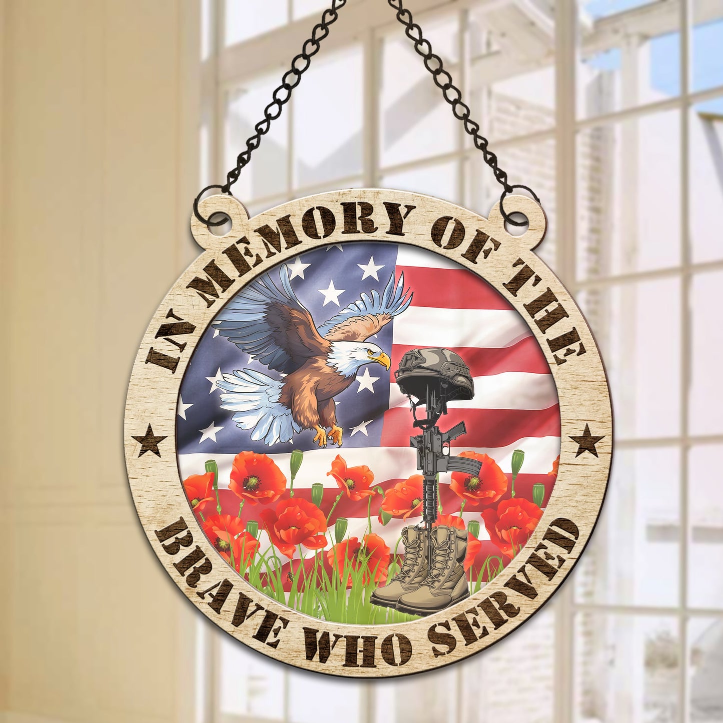 In Memory of the Brave Plaque by Steve Veterans Hanging Suncatcher Ornament